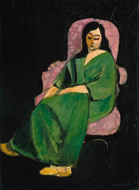 Yeşil elbise giymiş Laurette, siyah arka plan - Henri Matisse