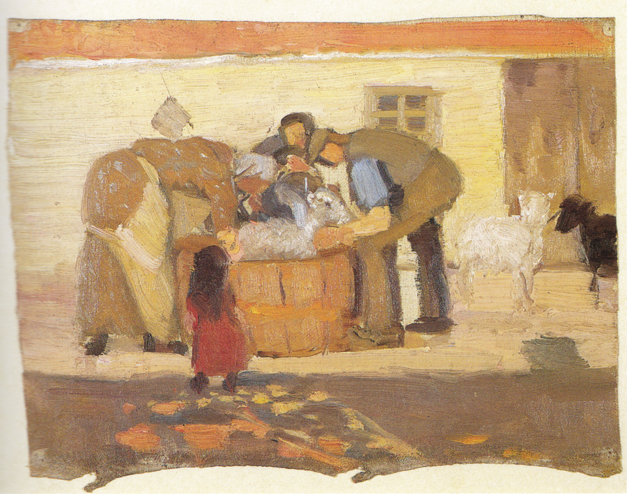 Bir evin önünde koyunları yıkamak - Anna Ancher