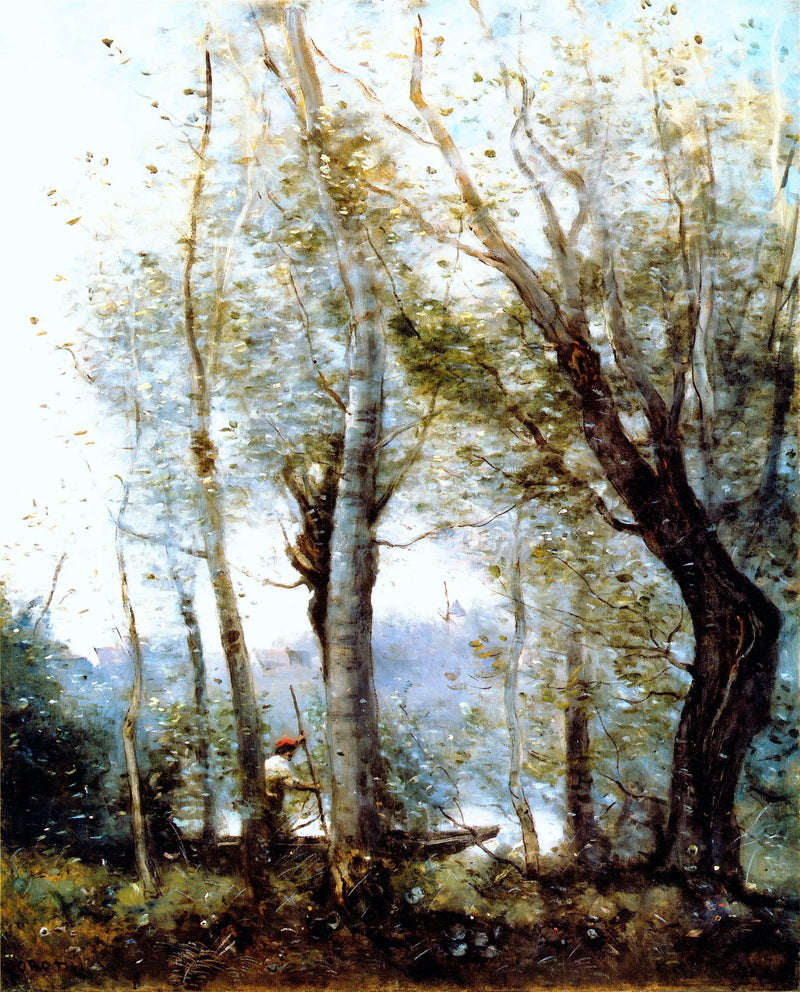 Kenarındaki ağaçların arkasından geçen tekne - Jean-Baptiste Camille Corot