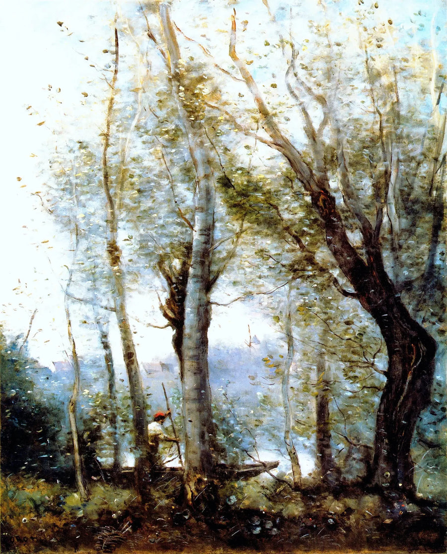 Kenarındaki ağaçların arkasından geçen tekne - Jean-Baptiste Camille Corot