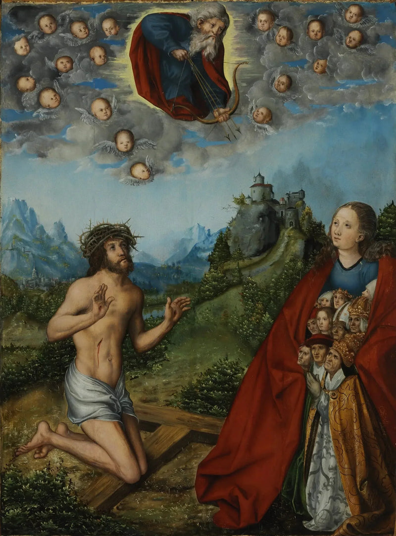 İsa ve Meryem, Tanrı Baba önünde insanlık için dua ederken - Lucas Cranach the Elder