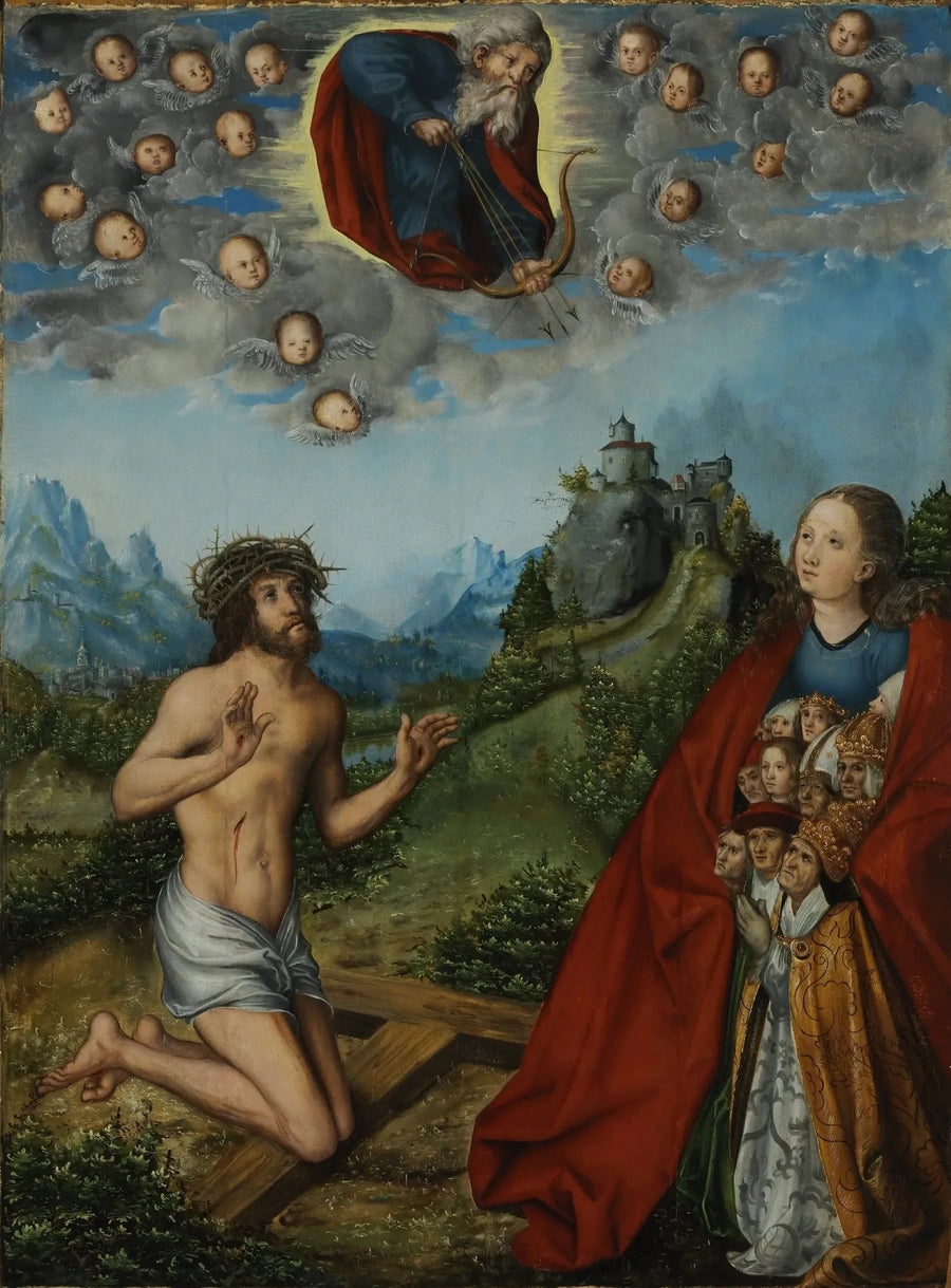 İsa ve Meryem, Tanrı Baba önünde insanlık için dua ederken - Lucas Cranach the Elder