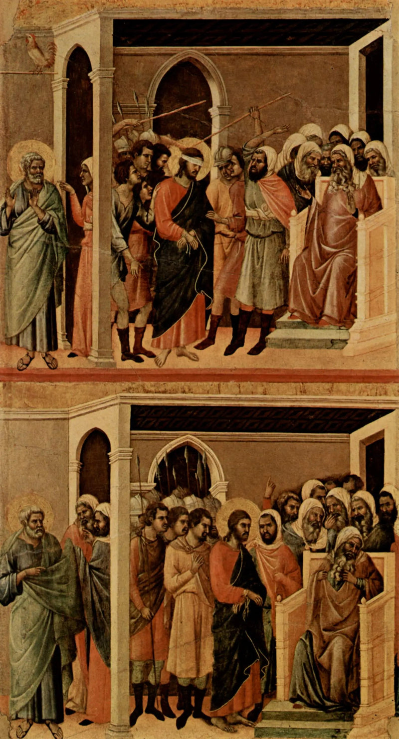 Alay edilen İsa (üstte); Caifas önünde İsa (altta) - Duccio di Buoninsegna