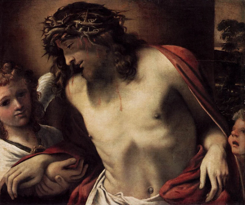 İsa, dikenli taç takarken, melekler tarafından destekleniyor - Annibale Carracci