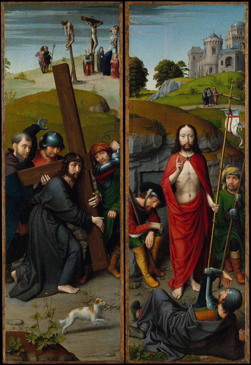 İsa'nın haçı taşıması, çarmıha gerilişi; Diriliş, Emmaus yolcularıyla - Gérard David