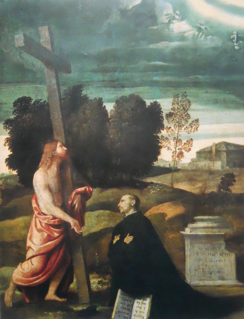 İsa'nın haçı taşıyan figür önünde diz çökmüş bir figür - Alessandro Bonvicino