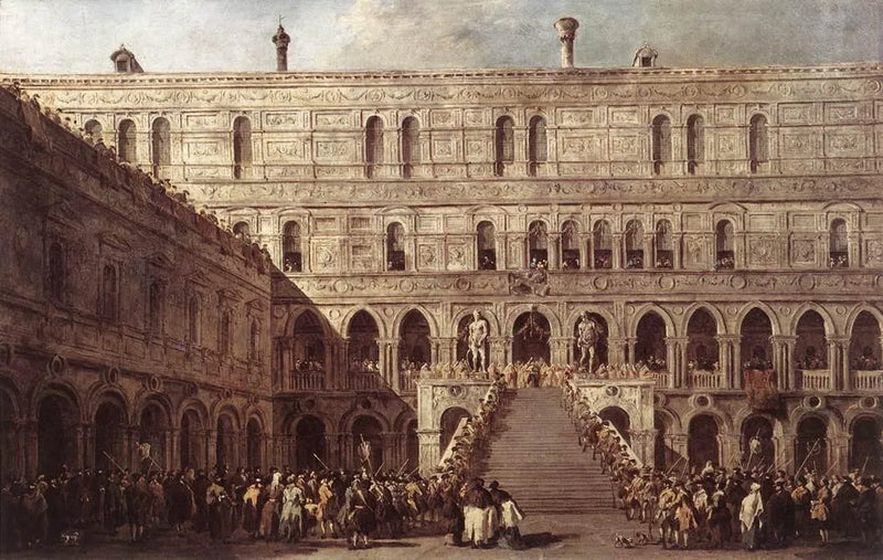 Venedik Dükalık Sarayı'nda Devler Merdiveni'nde Venedik Dükü'nün taç giydirilmesi - Francesco Guardi