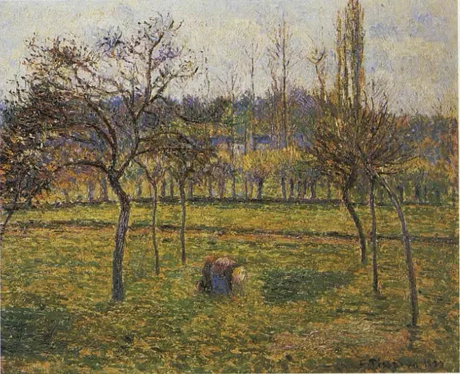 Éragny'deki çayırın arka planı ve ot toplayan bir kadın - Camille Pissarro