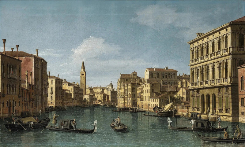 Büyük Kanal, Venedik, Ca' Corner'den Ca' Contarini degli Scrigni'ye kadar kuzeybatıdan görünüm, Santa Maria della Carità çan kulesi ile - Canaletto