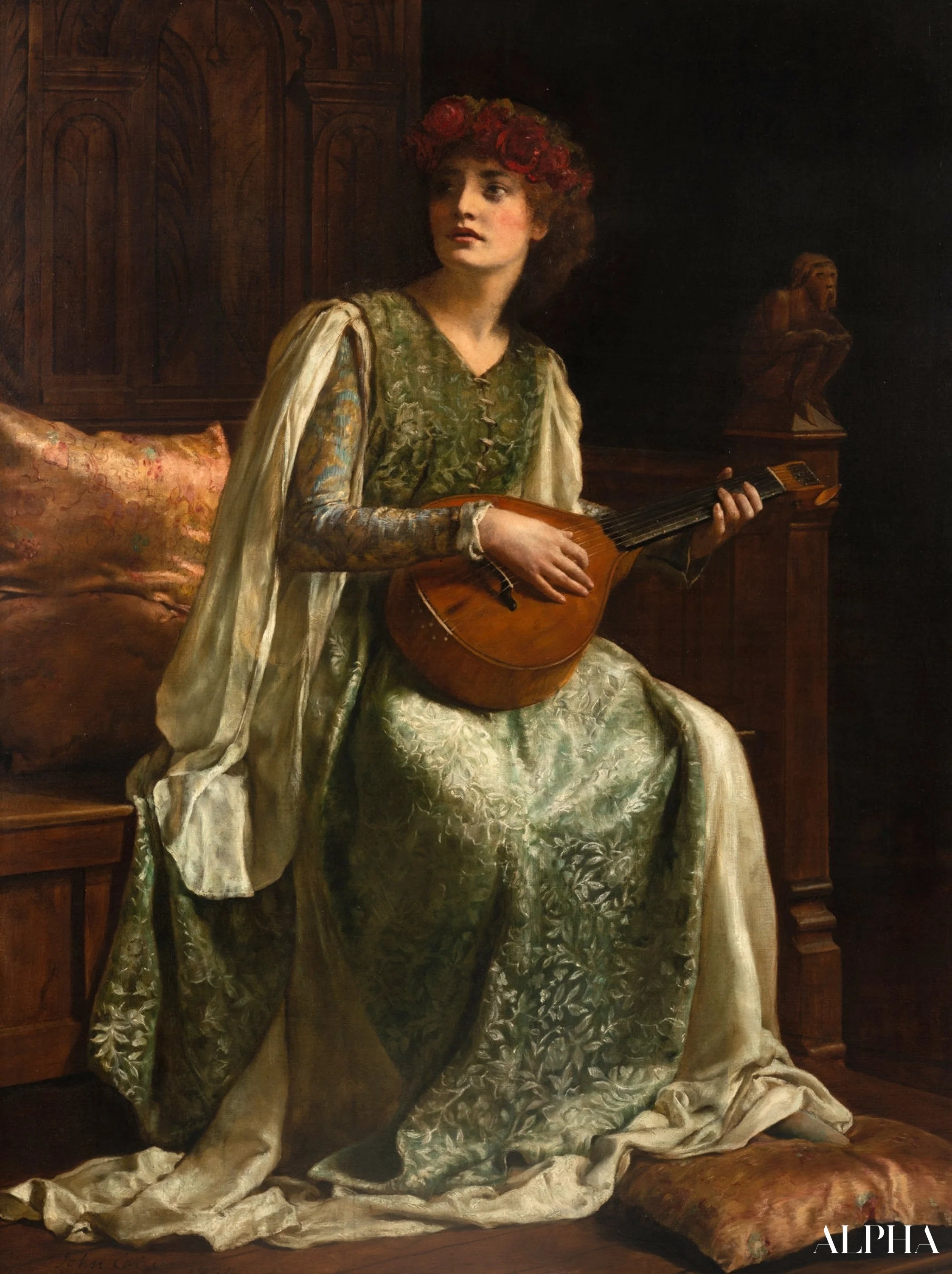 Reproduction du tableau « Le joueur de luth - John Collier » par Alpha Reproduction en peinture à l’huile