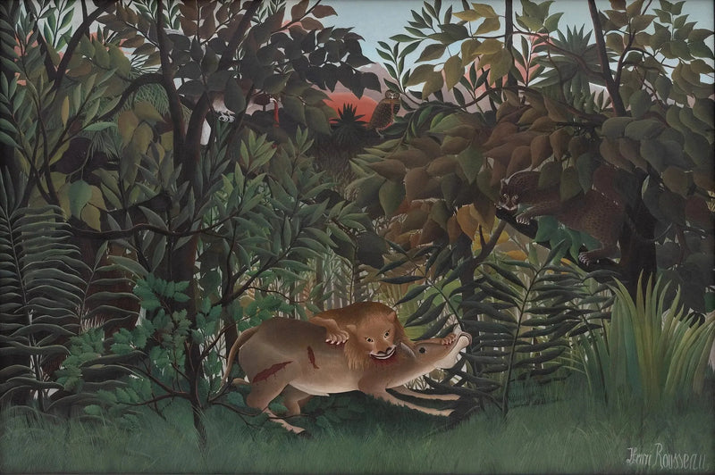 Aç olan aslan, antilopa saldırıyor - Henri Rousseau