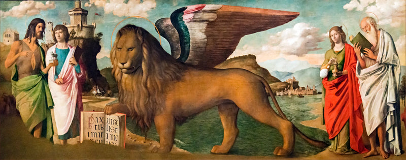 Saint Marc Aslanı, Aziz Jean-Baptiste, Markos, Meryem-Magdalena ve Jerome arasında - Cima da Conegliano