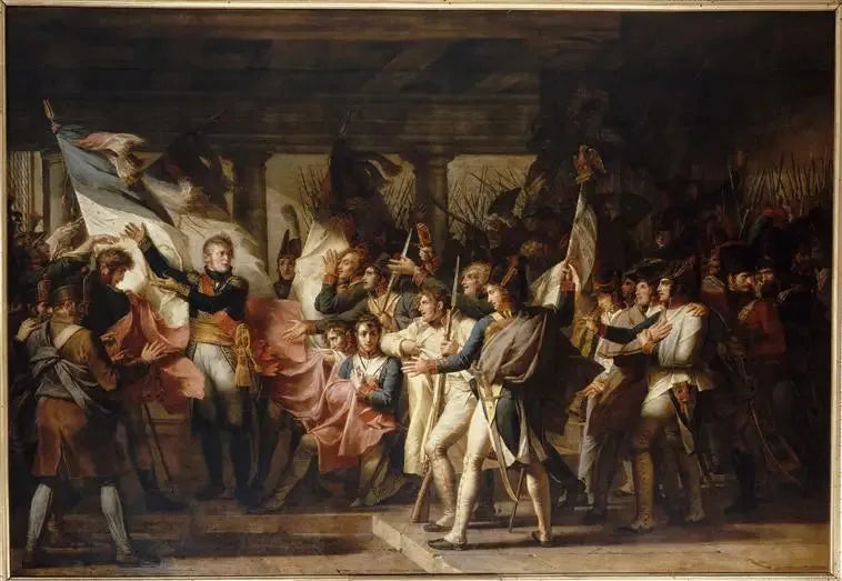 Maréchal Ney, 7 Kasım 1805 - Charles Meynier, 76. hat çizgili alay askerlerine bayraklarını teslim ediyor