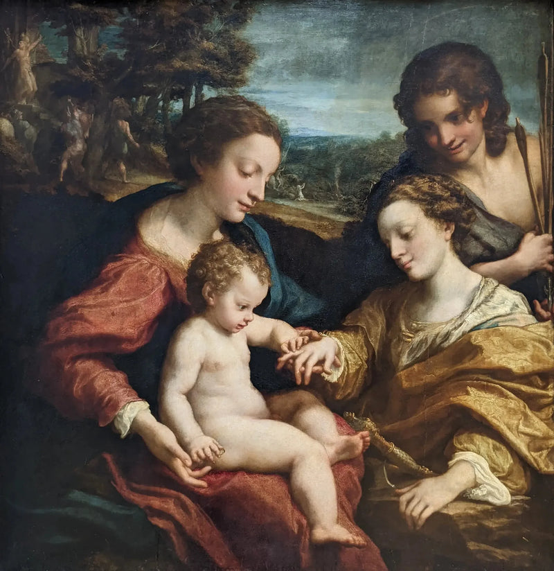 Aziz Catherine of Alexandria'nın mistik evliliği, Aziz Sebastian'ın huzurunda - Antonio da Correggio