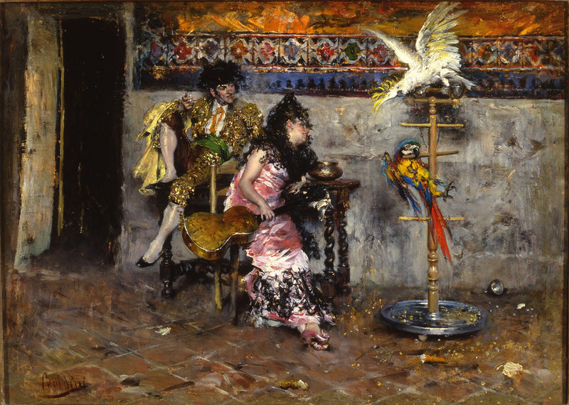 Le Matador veya İspanyol kıyafetleri giymiş çift, iki papağan ile - Giovanni Boldini
