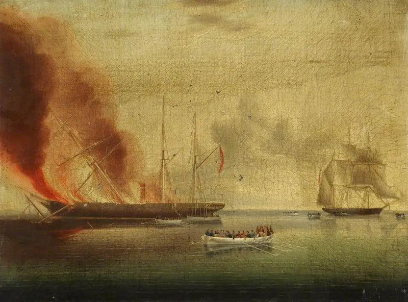 Nantucket açıklarında 31 Temmuz 1865'te yanmakta olan buharlı gemi «Glasgow»: yolcular ve mürettebat «Rosamund» tarafından kurtarıldı - James E. Buttersworth
