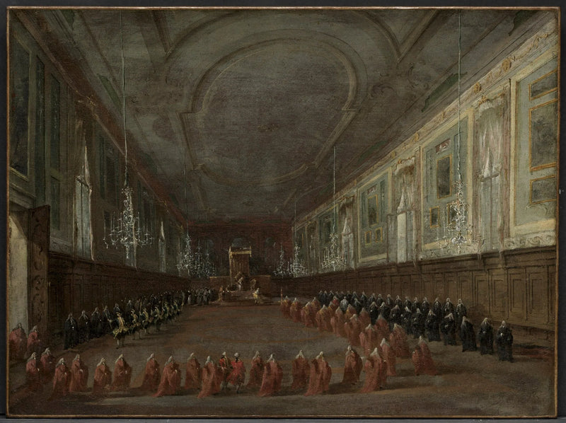 Papa Pie VI, Aziz Jean ve Paul Salonu'nda doge'a veda etmek için tahtından iniyor, 1782 - Francesco Guardi