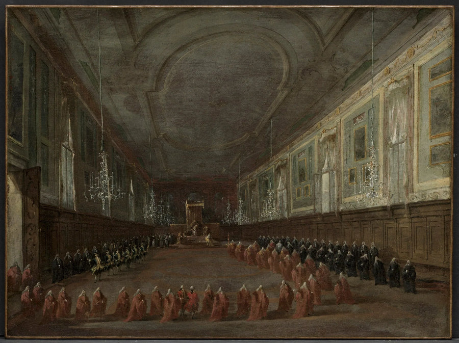 Papa Pie VI, Aziz Jean ve Paul Salonu'nda doge'a veda etmek için tahtından iniyor, 1782 - Francesco Guardi