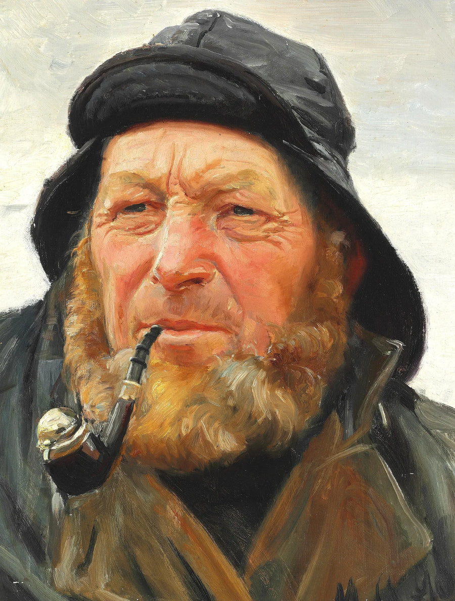 Skagen'den balıkçı Ole Svendsen, yağmurluk giymiş ve piposunu tutuyor. - Michael Peter Ancher
