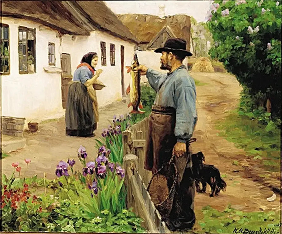 « Balıkçı ». Bir balıkçı, yaşlı bir kadına taze büyük bir levrek sunuyor. - H. A. Brendekilde
