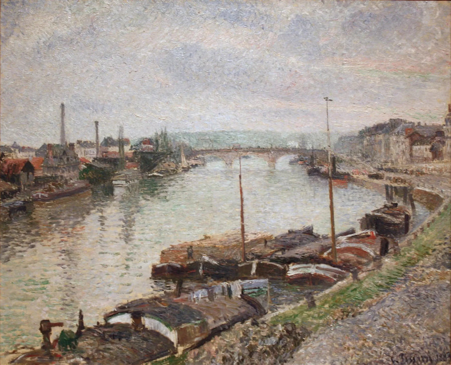 Rouen'deki Taş Köprü ve Barge'lar - Camille Pissarro