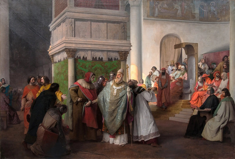 Arrigo IV de Germanie tarafından gönderilen ve Roma senedinin adil öfkesine karşı Gregorius VII tarafından savunulan Parme papazı Orlando - Francesco Hayez