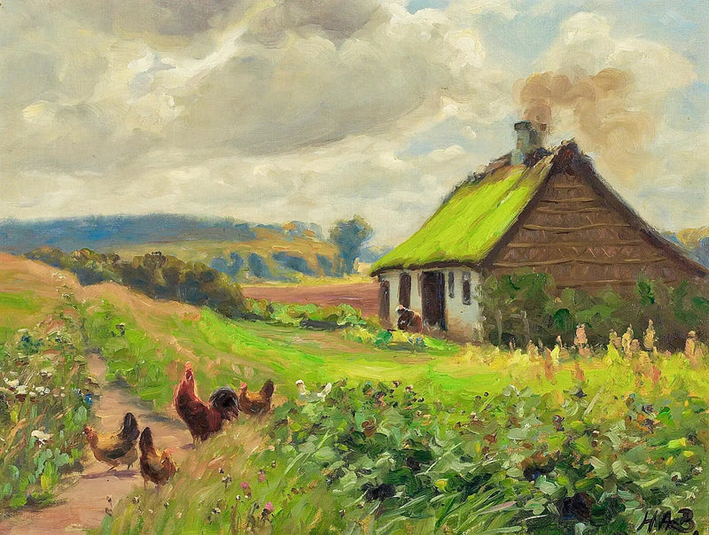 İlkbahar, bir ev, bir kadın ve tavuklarla. - H. A. Brendekilde