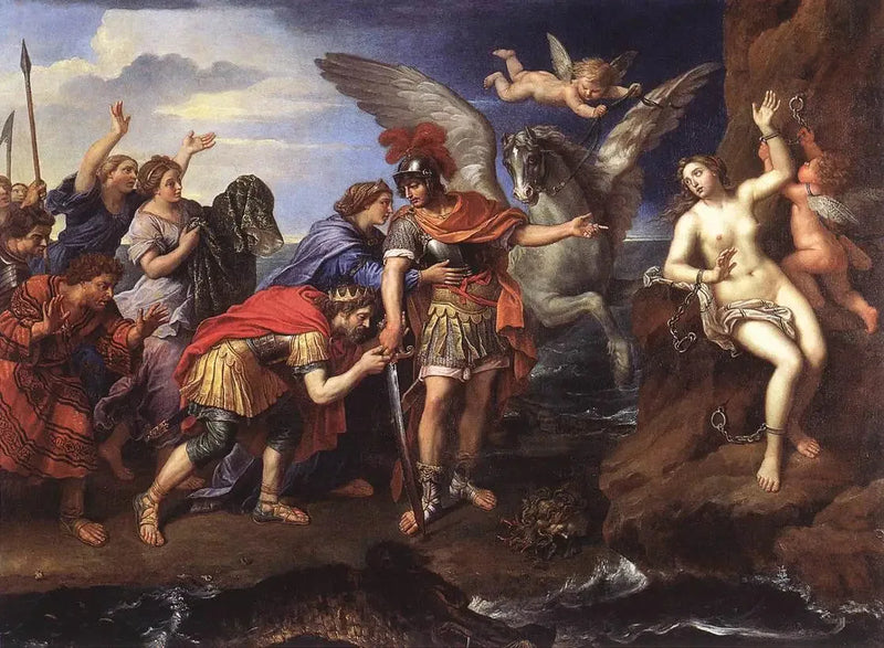 Kral Cepheus ve Kraliçe Cassiopeia, Perseus'un kızları Andromeda'yı kurtardığı için teşekkür ediyor - Pierre Mignard