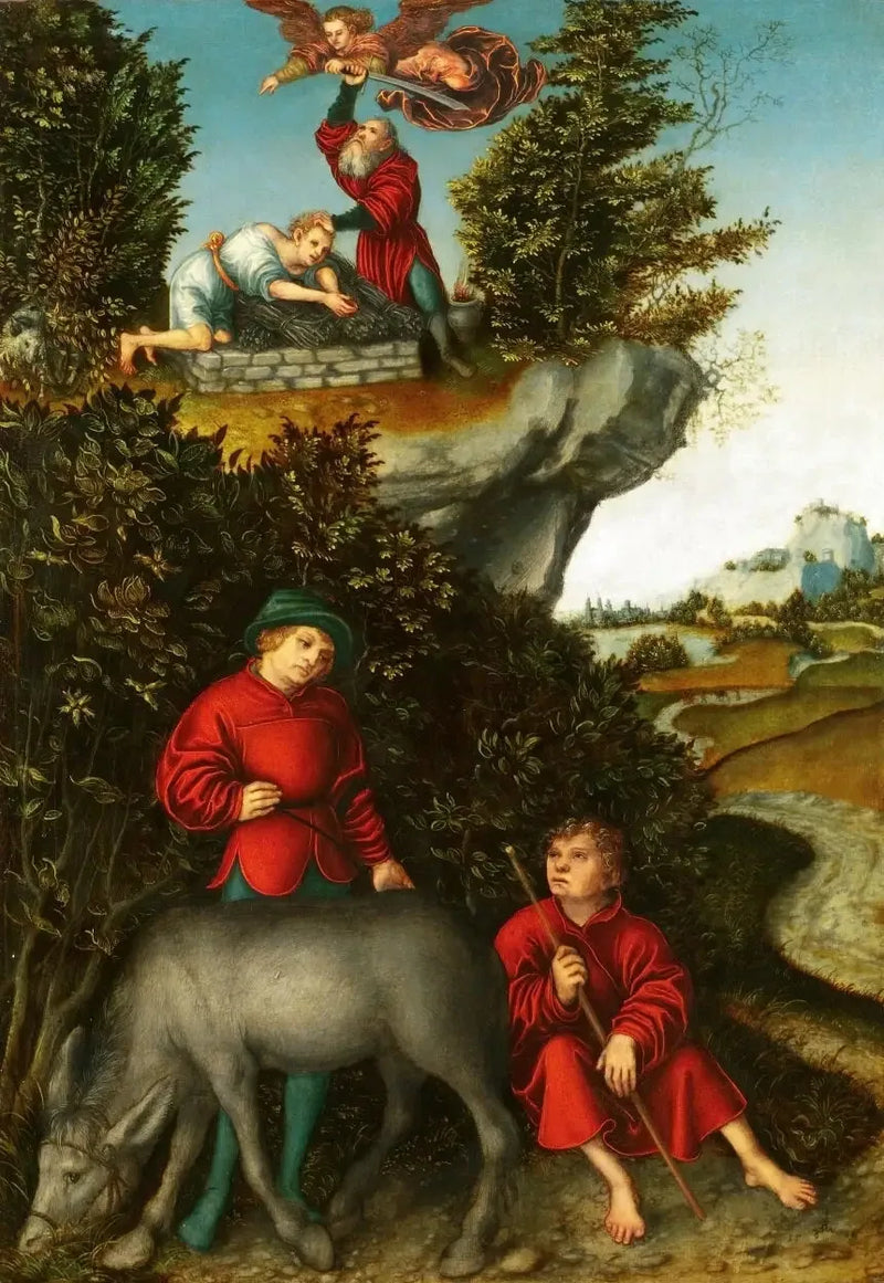 İbrahim'in Kurbanı: Bir melek İbrahim'in İshak'ı kurban etmesini engelliyor; hizmetkarlar dağın eteğinde bekliyor (Yaratılış 22:10-12) - Lucas Cranach the Elder