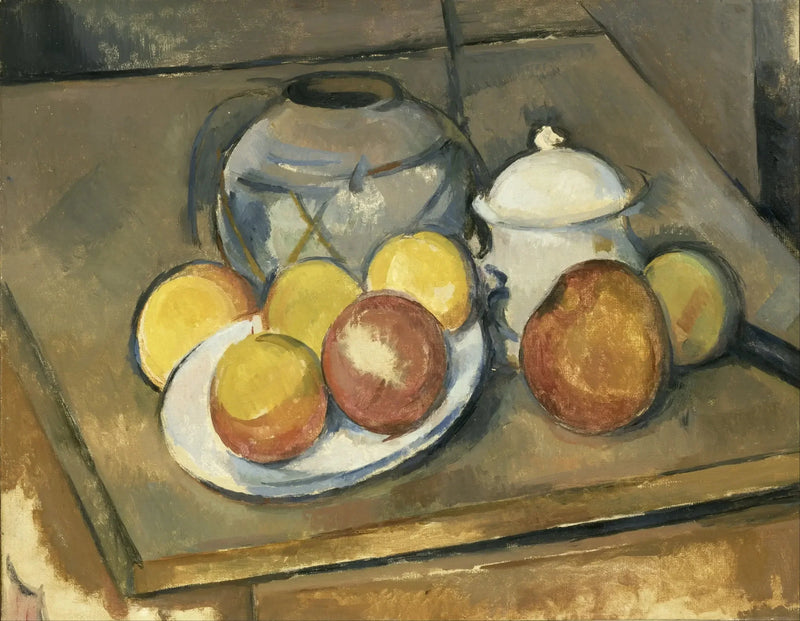 Hasır vazo, şekerlik ve elmalar - Paul Cézanne