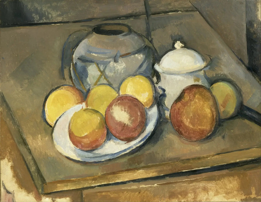 Hasır vazo, şekerlik ve elmalar - Paul Cézanne