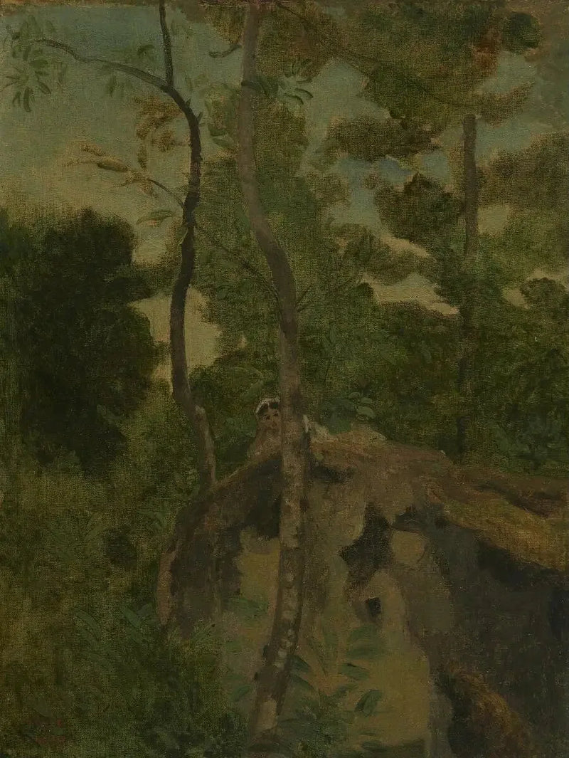 Alinges. Ağaçların altında bir kayalıkta yatan genç kız - Jean-Baptiste Camille Corot