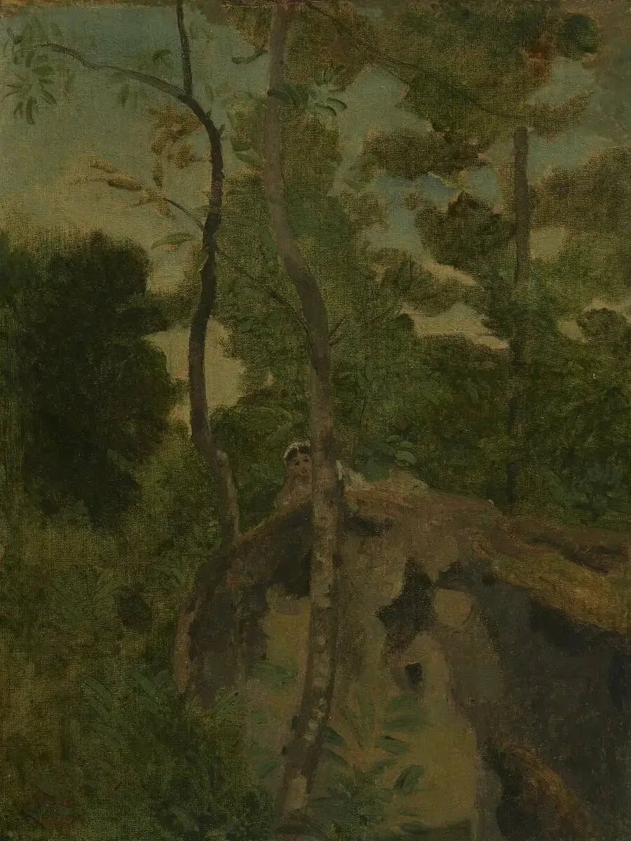 Alinges. Ağaçların altında bir kayalıkta yatan genç kız - Jean-Baptiste Camille Corot