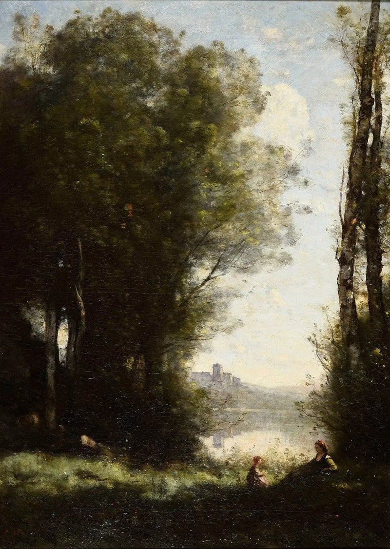İki kız kardeş, göl kenarında ağaçlar altında - Jean-Baptiste Camille Corot