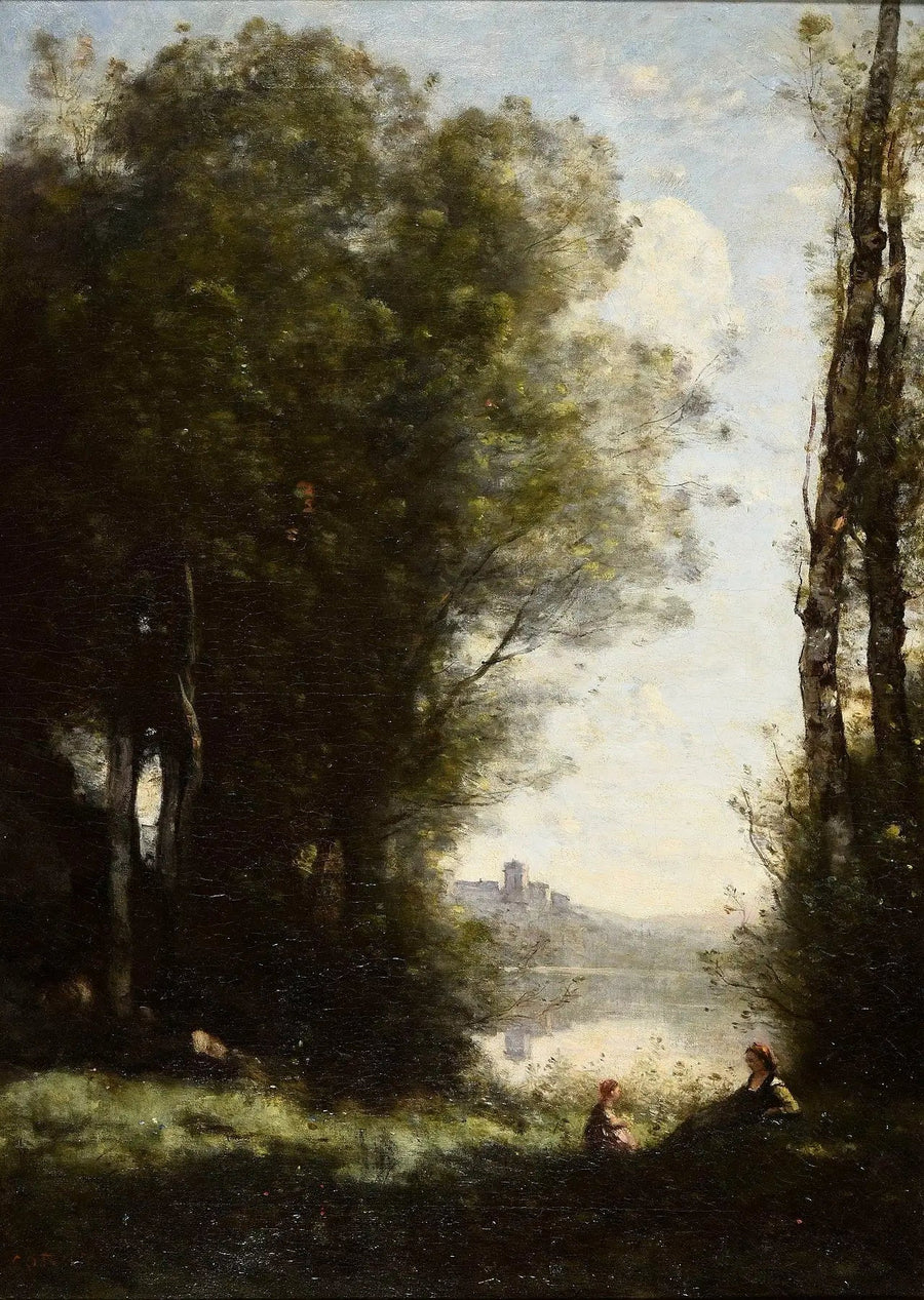 İki kız kardeş, göl kenarında ağaçlar altında - Jean-Baptiste Camille Corot
