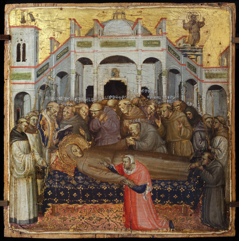 Saint François'nin Cenazesi: İlk Fransisken kardeşlerin, Sylvestre, Angélus, Léon, Philippe, Pierre, Bernard, Sabatinus, Barbaro, Gilles, Masseus, Maurice'in huzurunda stigmatların doğrulanması - Bicci di Lorenzo