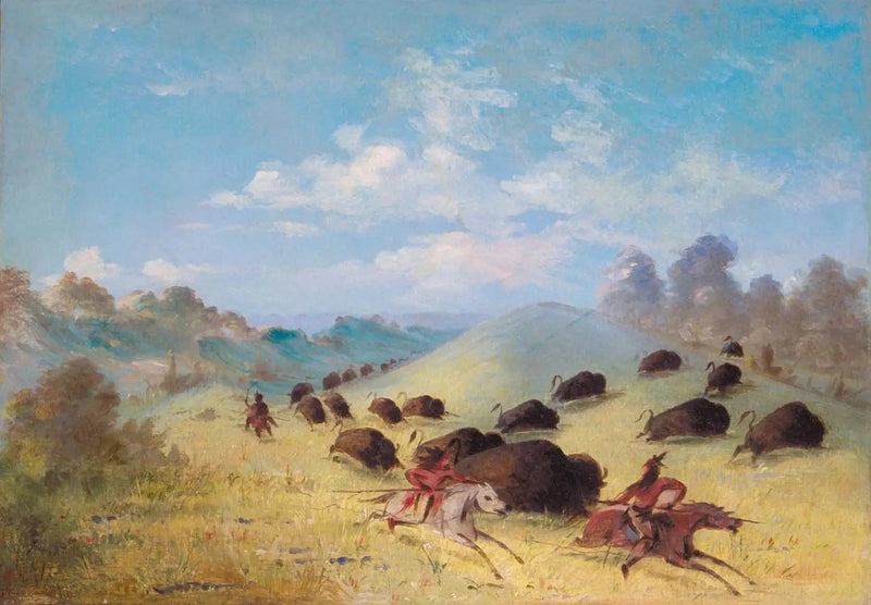 George Catlin ile Comanche Kızılderililerinin mızraklar ve yaylar kullanarak bizon avı