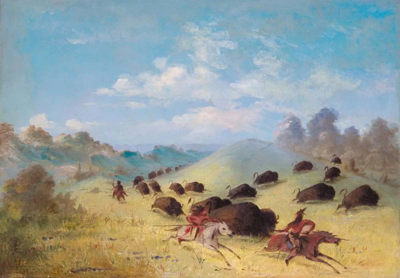 George Catlin ile Comanche Kızılderililerinin mızraklar ve yaylar kullanarak bizon avı