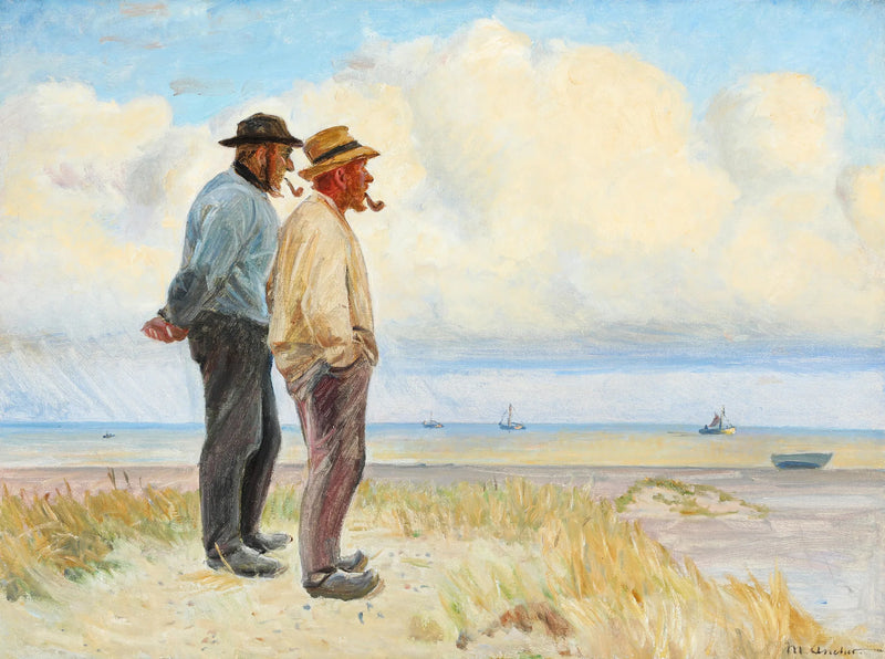Skagen Balıkçıları Rasmus Bergen Sørensen ve Bøj Andersen plajda ayakta duruyor. - Michael Peter Ancher