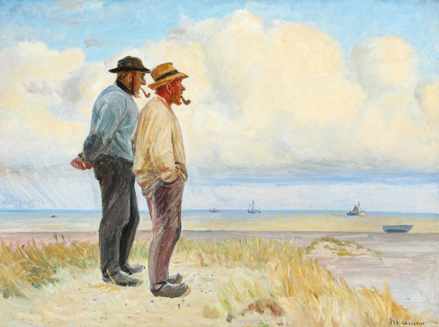Skagen Balıkçıları Rasmus Bergen Sørensen ve Bøj Andersen plajda ayakta duruyor. - Michael Peter Ancher