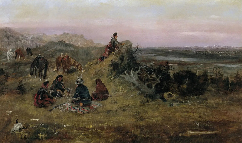 Piégans, kargaların atlarını çalmaya hazırlanıyor - Charles Marion Russell
