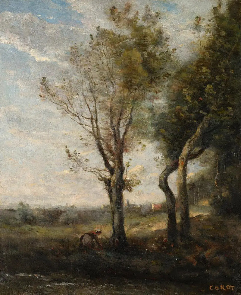 Dört ağaç ovalın kenarında - Jean-Baptiste Camille Corot