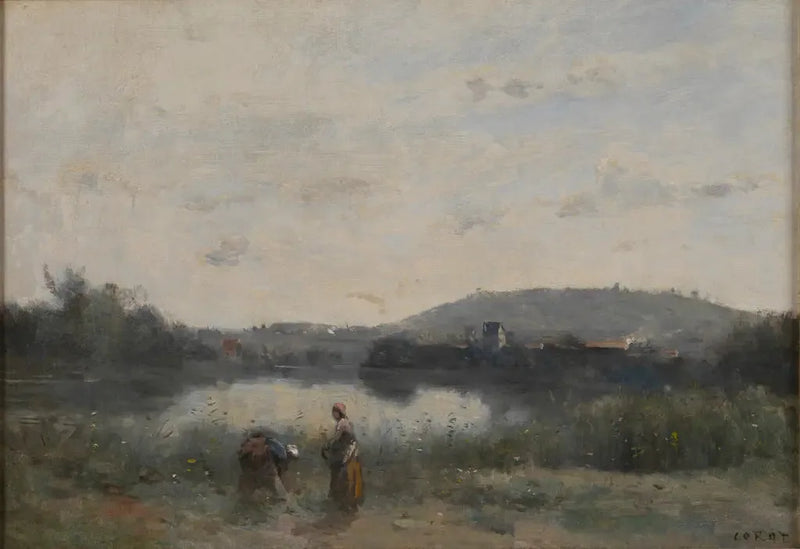 Uzakta tepelerle hakim olunan bir nehir kıyısı - Jean-Baptiste Camille Corot