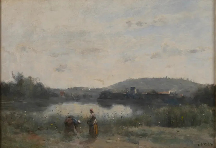 Uzakta tepelerle hakim olunan bir nehir kıyısı - Jean-Baptiste Camille Corot
