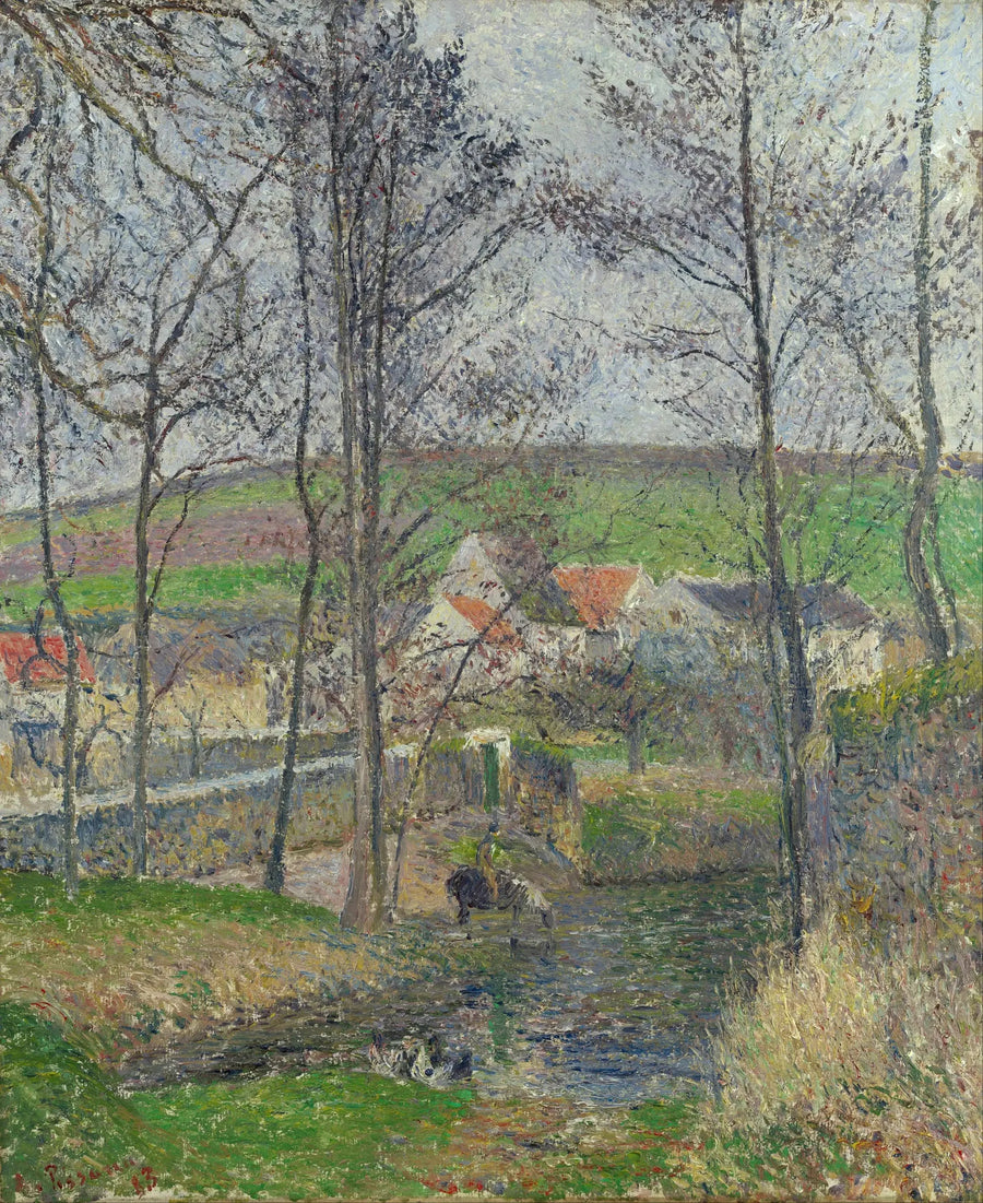 Osny'de gri havada Viosne Nehri Kıyıları, kış - Camille Pissarro