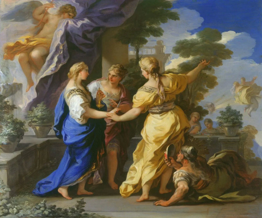 Psyché'nin kız kardeşleri ona bir lamba ve bir hançer hediye ediyor. - Luca Giordano