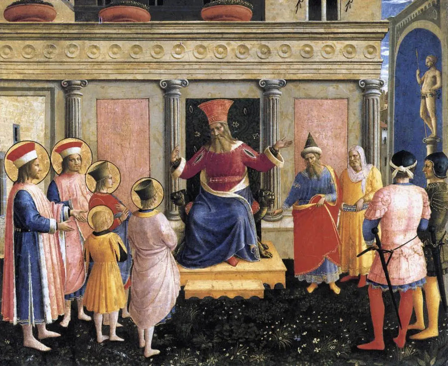 Azizler Kümey ve Damyan, kardeşleriyle birlikte, vali Lysias önünde - Fra Angelico