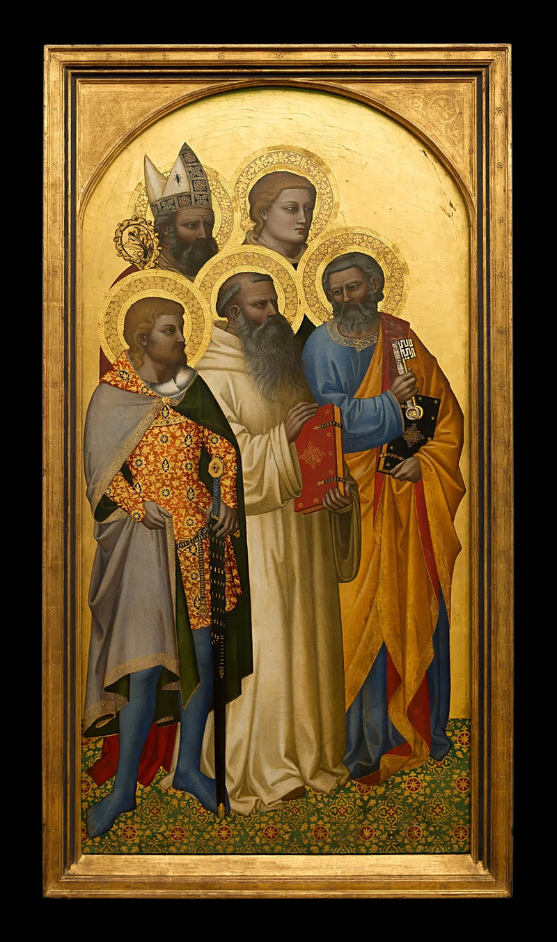 Aziz Petrus, Benoît, Julien (?), Étienne (?) ve bir aziz piskopos (Bari'li Nikolaus?). - Nardo di Cione