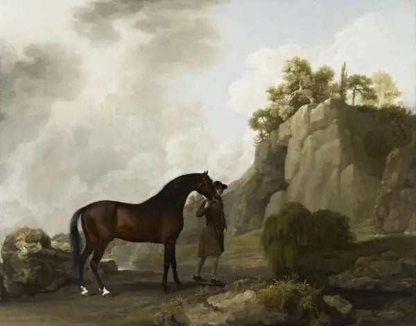 Rockingham marquisinin Arap atı, Creswell Crags'ta bir at bakıcısı tarafından yönlendirilmiş - George Stubbs