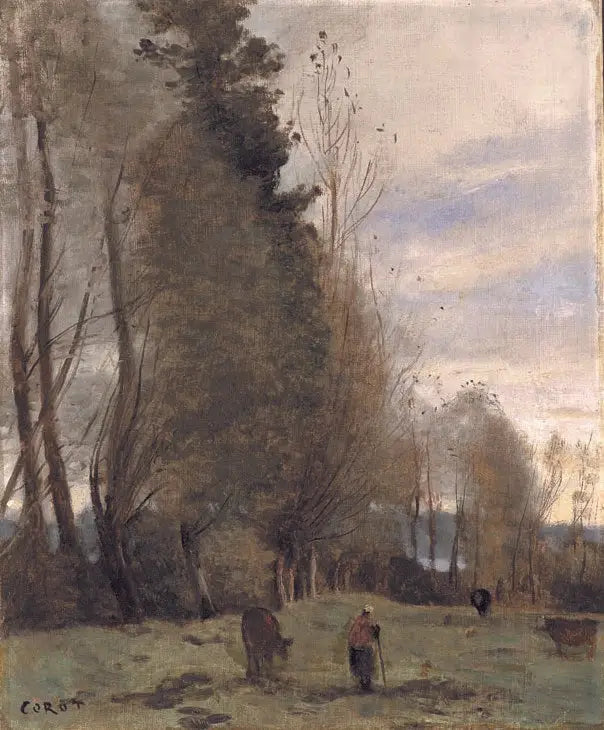 Çiftlikte dinlenme yeri, köylü ve üç inek - Jean-Baptiste Camille Corot